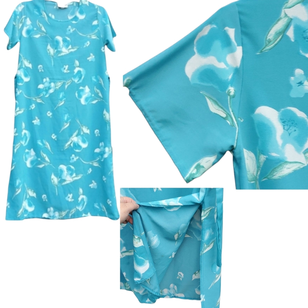 P & I Sport Floral Maxi Side Slits Blue Green White Back Tie Dress M